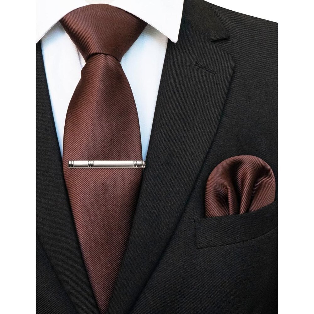 Men's Chocolate Solid Color Formal Necktie And Pocket Square Tie Clip Sets - Picture 2 of 3